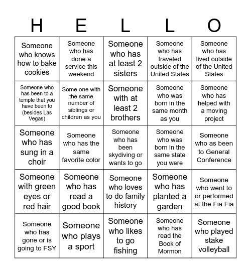 Getting to know you Ward Activity LDS Bingo Card