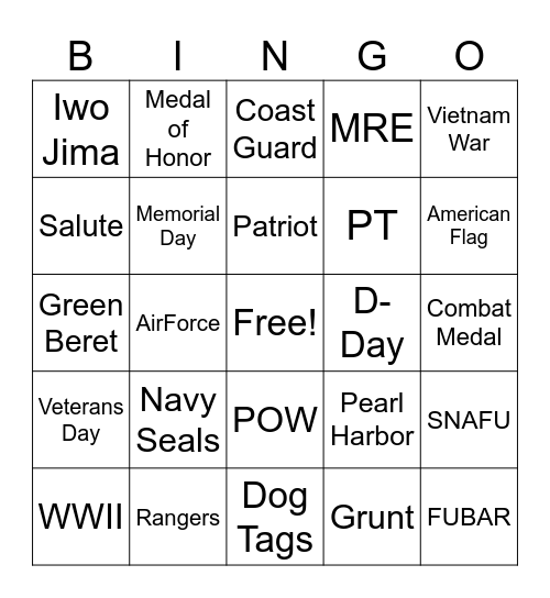 Veterans Day Bingo Card