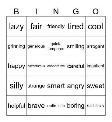 characters - adjectives Bingo Card