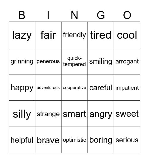 characters - adjectives Bingo Card