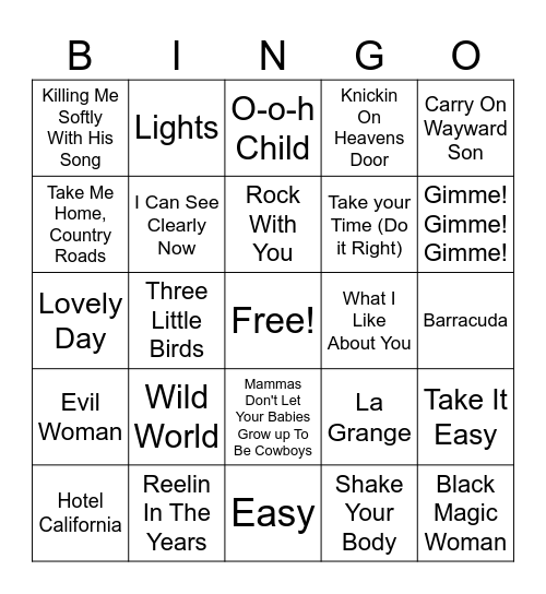 All 70's Music Bingo Card