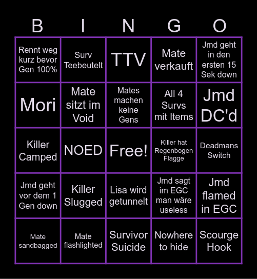 DbD Suffering Bingo Card