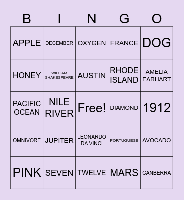 G.E.C Trivia Bingo (General Knowledge) Bingo Card