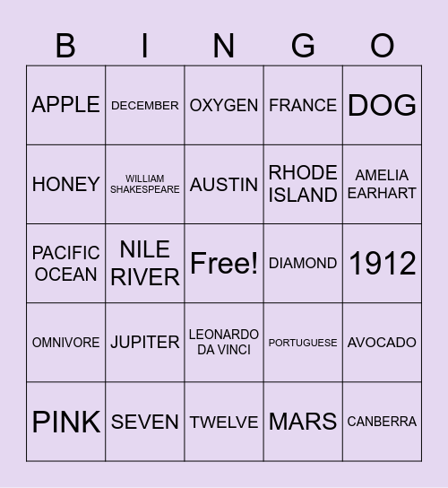 G.E.C Trivia Bingo (General Knowledge) Bingo Card