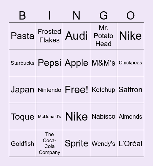G.E.C TRIVIA BINGO (FOOD/BRANDS) Bingo Card