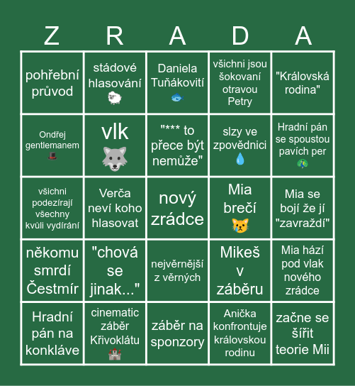 Zrádci S02 E07 Bingo Card