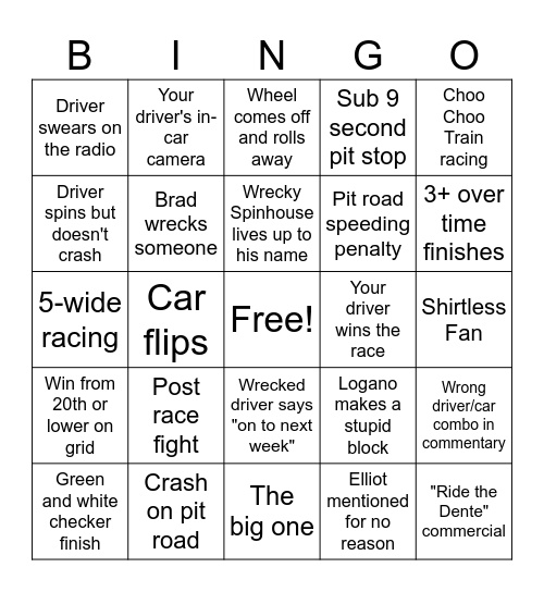 NASCAR Talladega Bingo Card