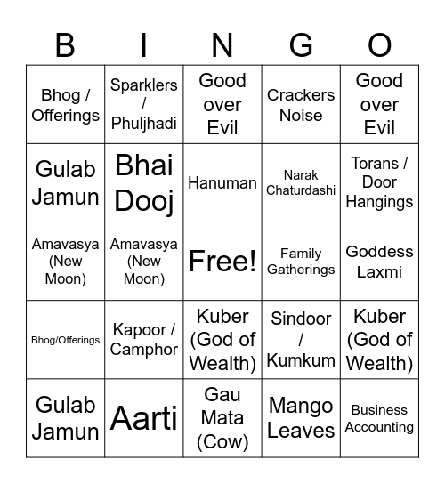 Diwali Bingo Card