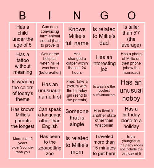 Millie's Birthday Human Bingo Card