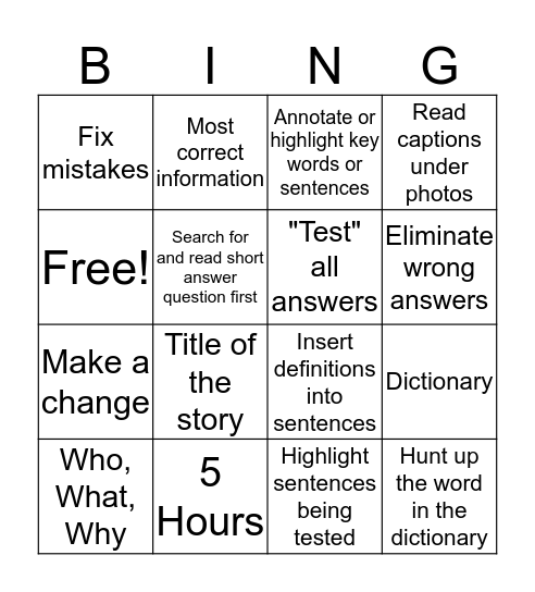 General STAAR Tips Bingo Card