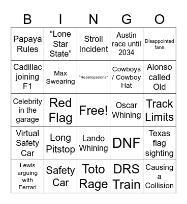 Formula 1 MSC Cruises United States Grand Prix 2025 Bingo Card