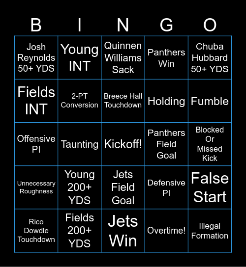 Panthers at Jets 2025 Bingo Card