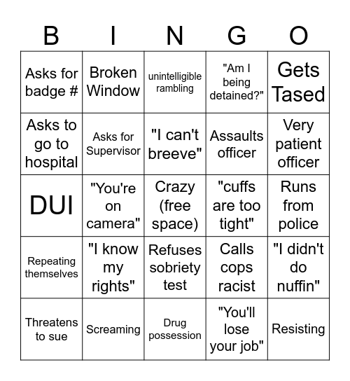 Bodycam Bingo Card