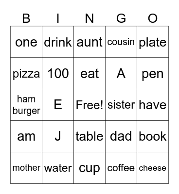 English Bingo Card
