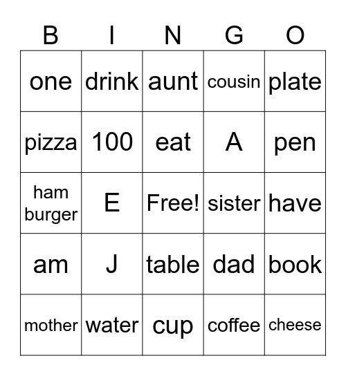 English Bingo Card