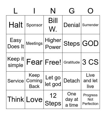 Recovery Bingo Card