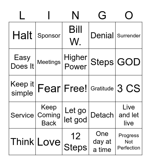 Recovery Bingo Card