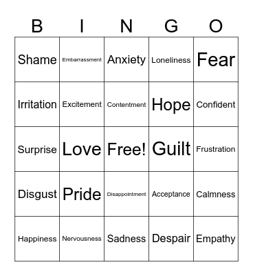 Naming Emotions Bingo Card