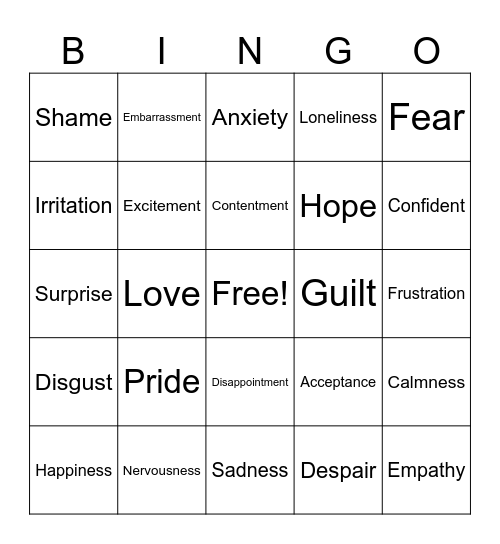 Naming Emotions Bingo Card