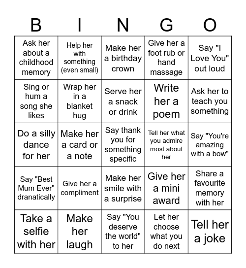 Mother Bingo Card