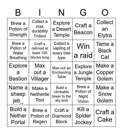 MInecraft Bingo Card