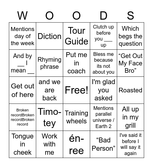 Classic Woods Diction Bingo Card