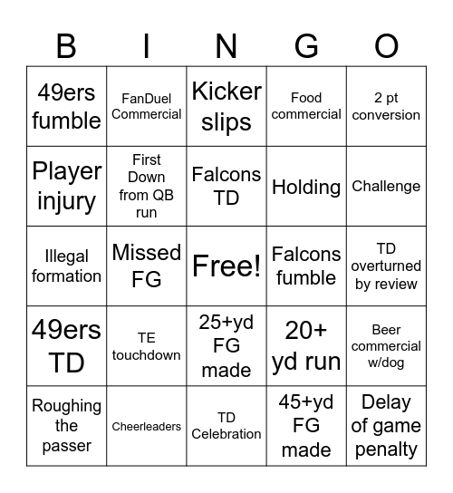 SNF - Falcons vs 49ers Bingo Card