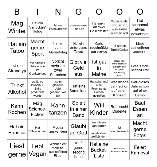 "Kennenlernen Bingo" Bingo Card