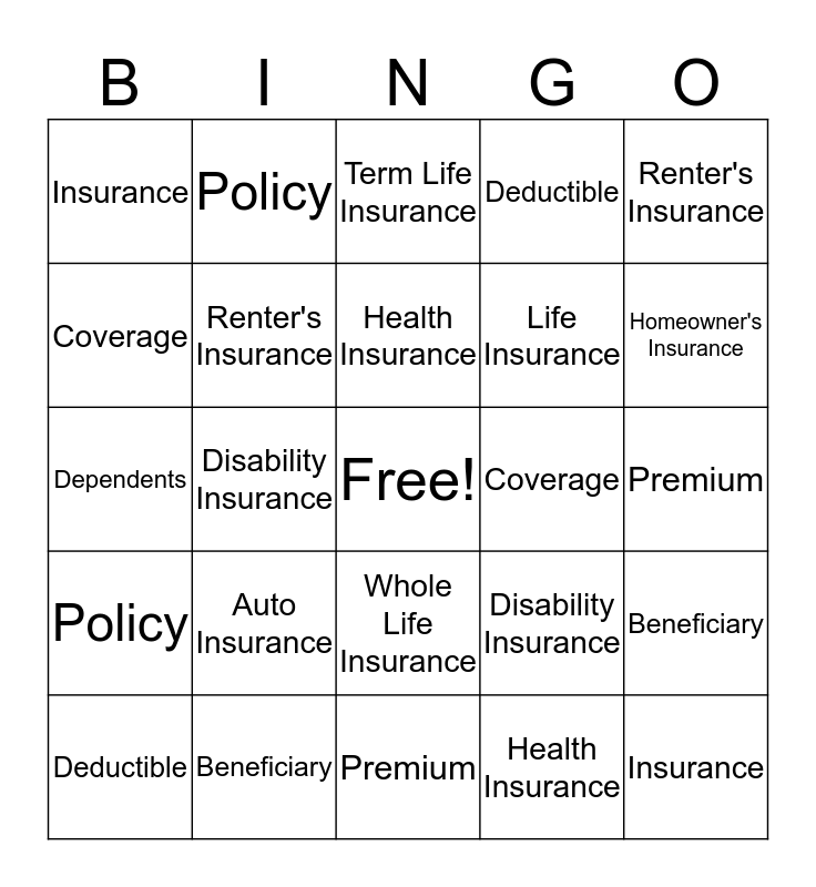Insurance Bingo Card