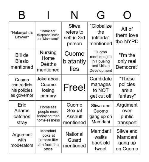 Democracy Club NYC Debate Bingo Card
