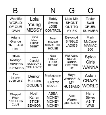 Hallie’s Music Bingo Card