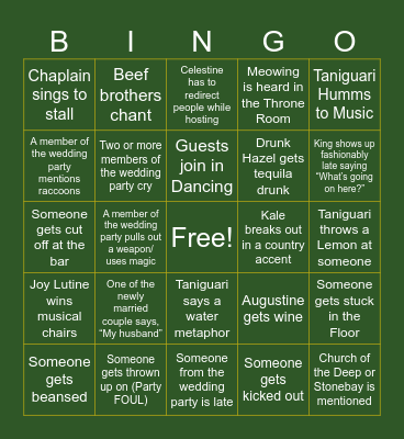Kale and Taniguaris' Wedding Bingo Card