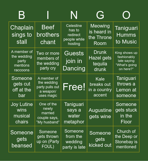 Kale and Taniguaris' Wedding Bingo Card