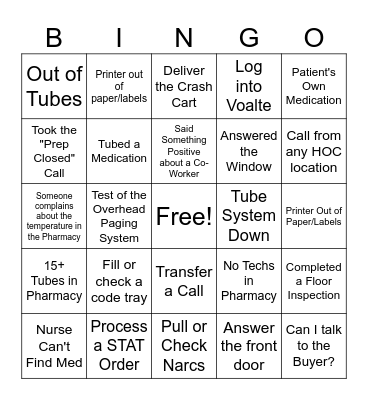 Hospital Pharmacy Bingo Card