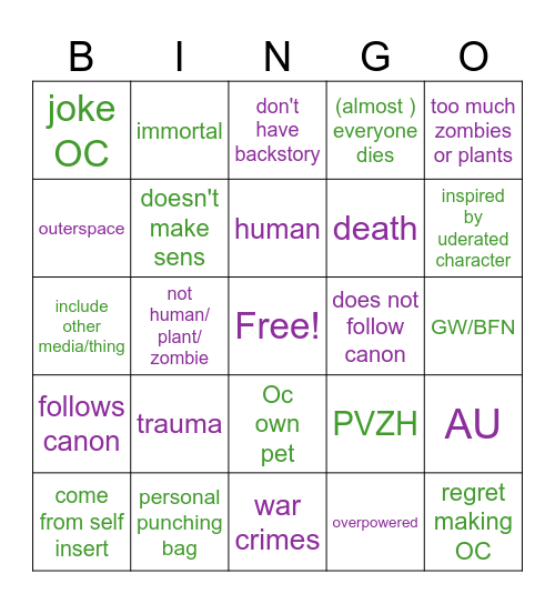 PVZ OC BINGO Card