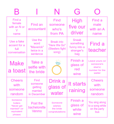 Bachelorette Bingo Card