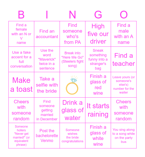 Bachelorette Bingo Card