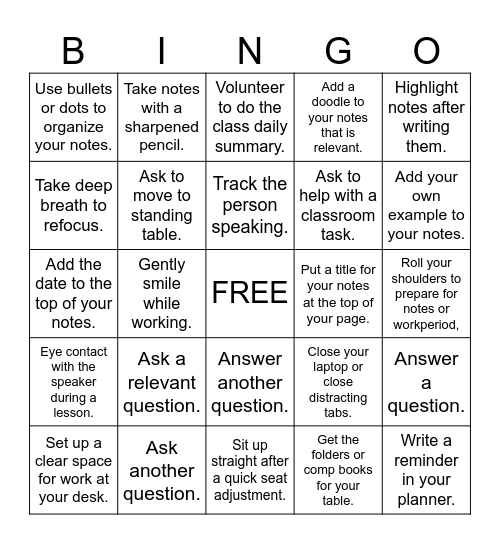 Student Engagement Bingo Card