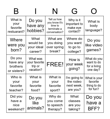 Conversation Bingo Card