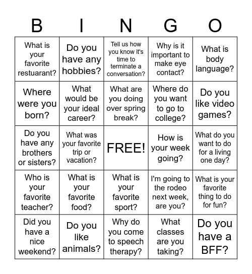Conversation Bingo Card