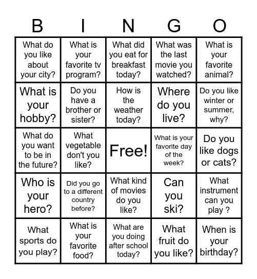 ESL Conversation Bingo Card