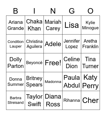 Pop Divas Bingo Card