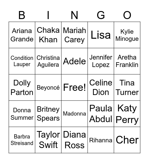 Pop Divas Bingo Card