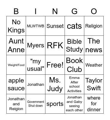 Family Comversations Bingo Card