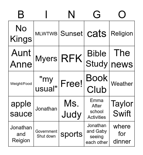 Family Comversations Bingo Card