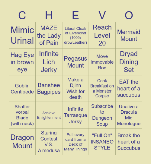 CHEEVOS Bingo Card