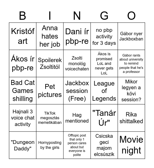 Sessionök közti matyis bingó Bingo Card