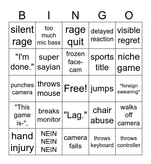 Gamer Rage Bingo Card