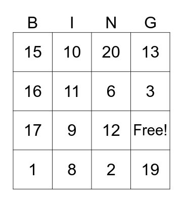 NUMBER BINGO Card