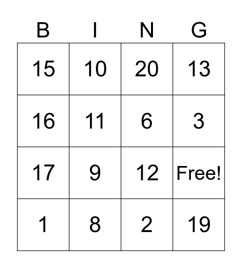 NUMBER BINGO Card